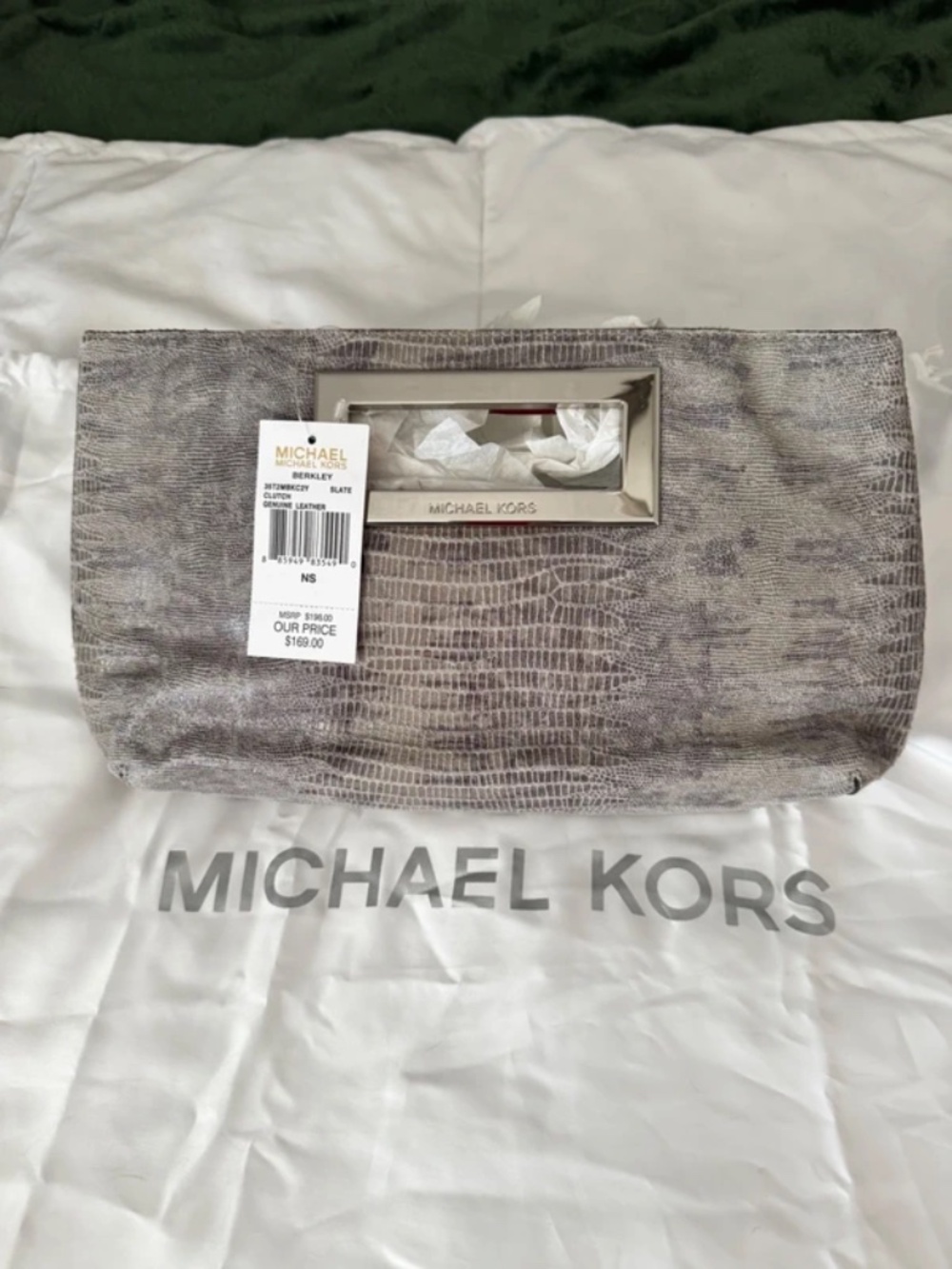 NWT Michael Kors Berkley Slate Grey Snakeskin Embossed Leather Clutch Bag